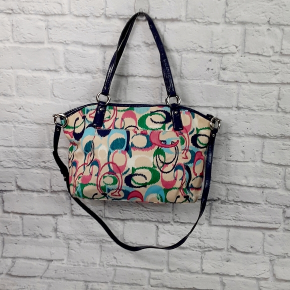 Coach multi color print logo canvas and leather satchel bag - Picture 2 of 16